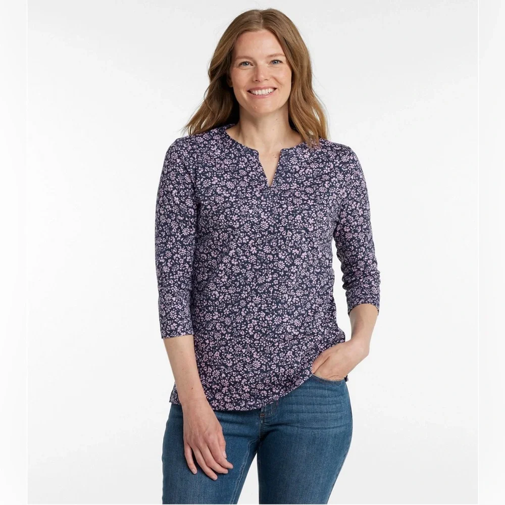 L.L.Bean Tee Women’s Three-Quarter-Sleeve Splitneck Tunic Print - Picture 1 of 9